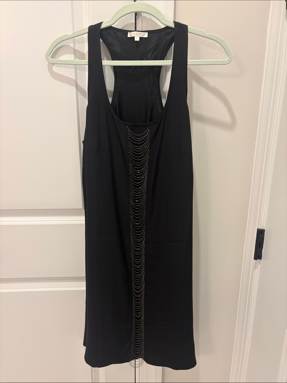 Matty M Black Mini Dress with Cascading Chain Detail